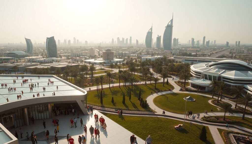 A vast, sprawling cityscape of Abu Dhabi, the gleaming capital of the United Arab Emirates. In the foreground, a bustling community center, its modern architecture reflecting the sun's warm rays. Children and families gather outside, engaging in vibrant social activities. In the middle ground, a lush public park, where seniors stroll and converse, enjoying the tranquil atmosphere. In the background, towering skyscrapers and gleaming infrastructure, symbolizing the city's progress and commitment to social welfare. The scene conveys a sense of inclusivity, progress, and a deep-rooted dedication to the well-being of all citizens. Crisp, high-resolution, cinematic lighting, with a soft, dreamlike quality.