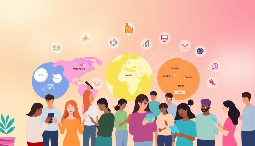 A vibrant and colorful illustration depicting the key features of learning languages with Mondly. In the foreground, a diverse group of people engaged in interactive language lessons, utilizing Mondly's intuitive interface on their digital devices. The middle ground showcases various language-learning tools, such as speech recognition, personalized lessons, and interactive games, against a backdrop of globe-like shapes representing the app's language options. The background features a soft, blurred gradient of warm colors, creating a sense of energy and enthusiasm for the language-learning experience. The overall composition conveys the ease, efficiency, and enjoyment of mastering new languages with Mondly.
