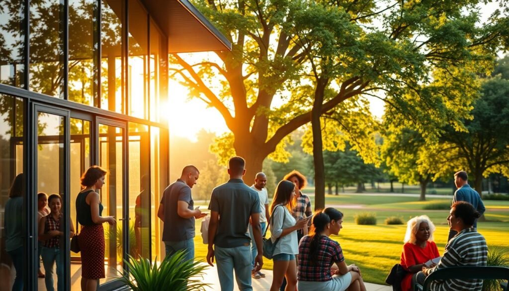 A vibrant and dynamic community center stands in the foreground, its glass-paneled facade reflecting the warm, golden glow of the afternoon sun. In the middle ground, a diverse group of people engage in various activities - a parent-child workshop, a counseling session, and a group discussion. The background reveals a lush, verdant landscape, with trees and green spaces that create a serene and inviting atmosphere. The lighting is soft and diffused, casting a gentle, hopeful tone over the entire scene. The composition captures the essence of impact measurement, showcasing the tangible ways in which community programs empower and transform the lives of those they serve.