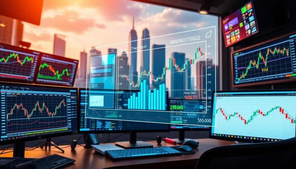 A vibrant and dynamic scene depicting key nifty day trading strategies for active investors. In the foreground, a trader's desk with multiple screens displaying real-time market data, charts, and trading platforms. Various technical indicators, such as moving averages, candlestick patterns, and volume metrics, are prominently featured. In the middle ground, a holographic user interface showcases intuitive trading tools and simulations, allowing the investor to explore different strategies. The background features a cityscape with skyscrapers, symbolizing the fast-paced and high-stakes nature of the financial markets. Warm lighting and a sense of energy and focus permeate the scene, capturing the essence of successful nifty day trading.