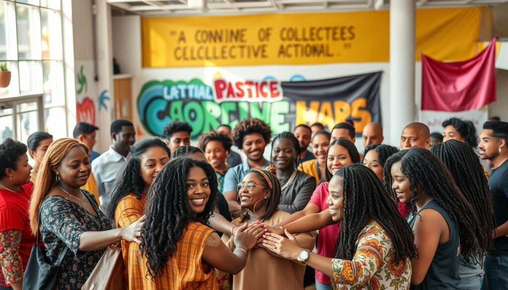 A vibrant and inclusive community gathering, with people of diverse backgrounds standing together, hands joined in a circle. The foreground features a group of individuals, their expressions radiating empowerment and unity, as they work collaboratively towards a shared goal. In the middle ground, colorful murals and banners adorn the walls, conveying messages of social justice and collective action. The background showcases a modern, well-lit public space, with natural light streaming in through large windows, creating a warm and inviting atmosphere. The overall scene evokes a sense of collective power, where individuals come together to uplift and empower one another, driving positive change within their community.