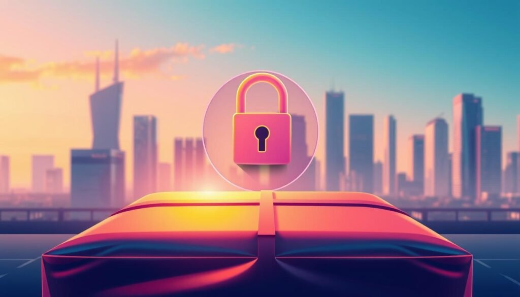 A vibrant and modern illustration showcasing the exceptional security features of Saily. In the foreground, a sleek and secure parcel is highlighted, its surface gleaming under the warm, directional lighting. The middle ground features a stylized lock icon, symbolizing the robust encryption and authentication protocols that safeguard every Saily shipment. In the background, a minimalist cityscape provides a clean, futuristic backdrop, accentuating the advanced technological prowess of Saily's logistics solutions. The overall composition radiates a sense of trust, reliability, and innovation, reflecting the core values that define the Saily brand.