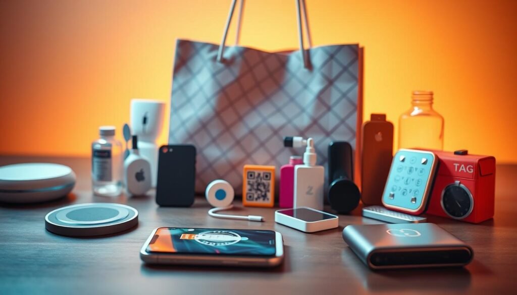 A vibrant and modern still life depicting an array of smart shopping tools and accessories. In the foreground, a sleek and minimalist smartphone, its screen displaying a shopping app interface. Beside it, a chic wireless charging pad and a compact portable power bank. In the middle ground, a stylish foldable shopping bag, its geometric pattern hinting at the technological capabilities it possesses. In the background, a selection of smart tags, QR code scanners, and digital wallets, all seamlessly integrated to create a cohesive and efficient shopping experience. The scene is bathed in warm, diffused lighting, creating a sense of sophistication and modernity. The overall composition conveys the idea of a seamless, AI-powered, and intuitive shopping journey.