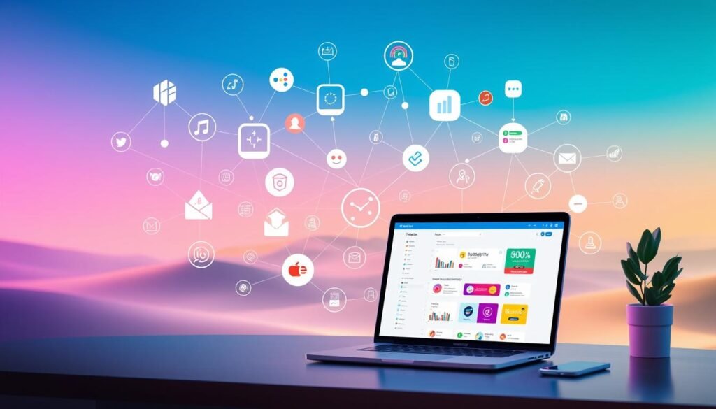 A vibrant and visually captivating scene depicting the integrations and connections within the Todoist task management platform. In the foreground, a sleek and modern desktop workspace with a laptop prominently displaying the Todoist interface, surrounded by an array of productivity and collaboration icons, representing seamless integration with various third-party apps and services. In the middle ground, a dynamic array of interconnected symbols, lines, and geometric shapes, conveying the flow of information and the synergy between Todoist and its integrations. The background features a soft, gradient-based landscape, evoking a sense of harmony and efficiency, with subtle lighting that highlights the interconnectedness of the elements. The overall composition conveys the power and versatility of Todoist's integration capabilities, inviting the viewer to imagine the potential of streamlining their workflow.
