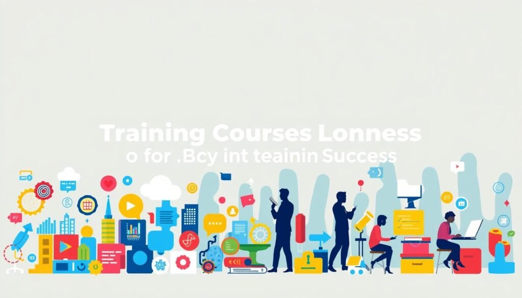 A vibrant and visually engaging illustration showcasing the diverse training course domains offered by Edureka. In the foreground, a dynamic array of icons representing various professional fields such as IT, data science, cloud computing, and software development, arranged in a visually striking manner. The middle ground features silhouettes of professionals engaged in learning activities, conveying a sense of productivity and growth. The background displays a soft, gradient-based pattern, creating a sense of depth and a professional, educational atmosphere. The overall composition should balance clarity, aesthetics, and a strong alignment with the subject matter, "Edureka: Specialized Training Courses for Professional Success" and the section title "Training Course Domains at Edureka".