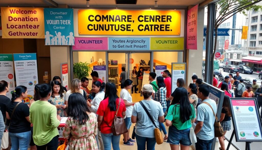 A vibrant and welcoming community center, its facade adorned with warm lighting and colorful banners showcasing donation drives and volunteer opportunities. In the foreground, a group of people of diverse ages and backgrounds engaged in lively discussions, exchanging ideas and signing up for various charitable initiatives. The middle ground features informative displays and interactive kiosks, inviting visitors to explore ways to get involved, from tutoring programs to environmental cleanup projects. The background sets the scene with a bustling urban landscape, suggesting the interconnectedness of the center with the wider community. An atmosphere of inclusivity, empowerment, and a shared sense of purpose permeates the space, inspiring all who enter to make a positive difference.