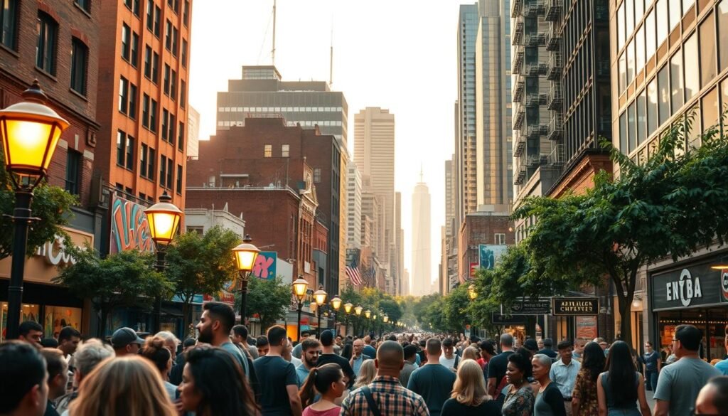 A vibrant cityscape reflecting the social and economic impact of community empowerment. In the foreground, a diverse group of people gather, their faces lit by the warm glow of street lamps, symbolizing the unity and collaboration within the community. The middle ground showcases thriving local businesses, their storefronts adorned with vibrant murals and signage, highlighting the economic growth and entrepreneurial spirit. In the background, skyscrapers and modern architecture rise, yet they are interspersed with lush greenery, suggesting a harmonious balance between development and sustainability. The scene is bathed in a soft, golden light, creating a sense of hope and progress, capturing the transformative power of community-driven initiatives.