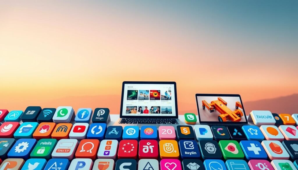 A vibrant collage of the top categories of Appsumo deals, captured in a stylish and modern aesthetic. The foreground features a grid-like arrangement of sleek app icons, each representing a distinct category such as productivity, design, development, and marketing. The middle ground showcases a trio of laptop screens displaying deal highlights, while the background blends a soft, gradient-infused skyscape with subtle geometric patterns, creating a sense of depth and visual harmony. The lighting is warm and inviting, drawing the viewer's attention to the key elements. Captured with a wide-angle lens for a comprehensive, panoramic view, this image perfectly encapsulates the breadth and diversity of the Appsumo deal ecosystem.