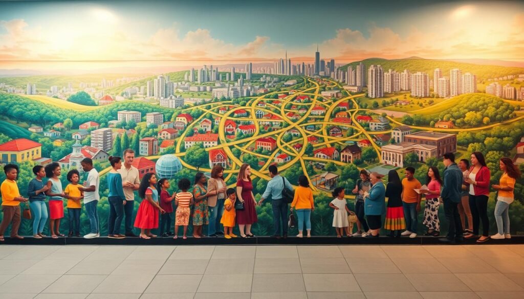 A vibrant, colorful mural depicting the principles of inclusive community development. In the foreground, diverse people of all ages and backgrounds work together, sharing ideas and collaborating. In the middle ground, an intricate web of interconnected community elements - housing, businesses, green spaces, and public facilities. In the background, a cityscape filled with modern architecture and lush, verdant landscapes, symbolizing the interconnectedness of the built and natural environments. Warm, diffused lighting illuminates the scene, creating a sense of optimism and progress. The overall composition conveys a harmonious, dynamic, and inclusive vision for sustainable community development.