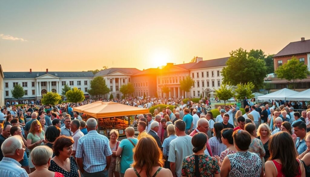 A vibrant community gathered in a sunlit town square, bustling with activity. In the foreground, a diverse group of people engage in lively conversations, sharing ideas and supporting one another. In the middle ground, a lively market showcases locally-sourced goods, fostering a sense of local pride and economic resilience. In the background, a series of well-maintained public buildings and green spaces highlight the community's investment in infrastructure and sustainability. The overall scene radiates a palpable sense of well-being, with people of all ages and backgrounds interacting harmoniously, their faces lit by the warm glow of a golden-hour sunset. The image conveys the powerful impact of civic participation on community vitality and individual fulfillment.