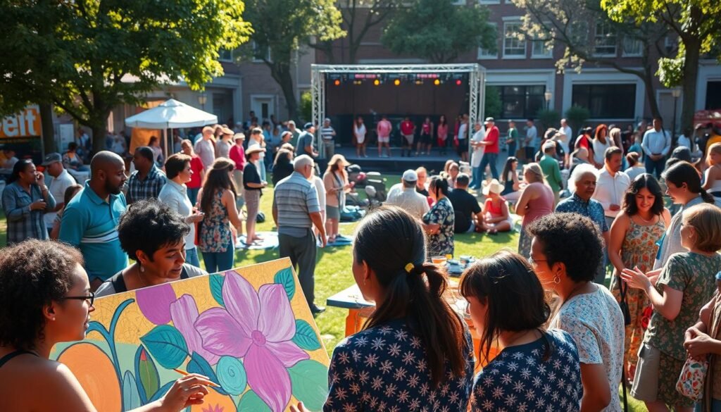 A vibrant community gathering in a sun-dappled public square, people of diverse backgrounds engaged in lively discussions, exchanging ideas, and participating in interactive workshops. In the foreground, a group of neighbors collaborating on a mural, paintbrushes in hand, their faces alight with creativity. In the middle ground, families picnicking on the grass, children playing games, and seniors sharing stories. In the background, a stage where local performers showcase their talents, drawing an enthusiastic crowd. Warm lighting casts a welcoming glow, and the overall atmosphere conveys a sense of inclusive civic pride and active engagement.