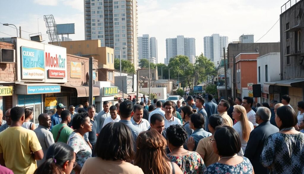 A vibrant community gathering, set against the backdrop of a bustling urban landscape. In the foreground, a diverse group of individuals are engaged in lively discussions, exchanging ideas and collaborating on a community project. The middle ground features local businesses and organizations, their signage and storefronts reflecting the diverse nature of the neighborhood. In the background, a modern high-rise stands as a symbol of progress, balanced by the warmth and energy of the community. The scene is illuminated by a soft, natural light, capturing the spirit of empowerment and unity that permeates the environment. The overall atmosphere conveys a sense of collective action, where individuals come together to shape the future of their shared space.