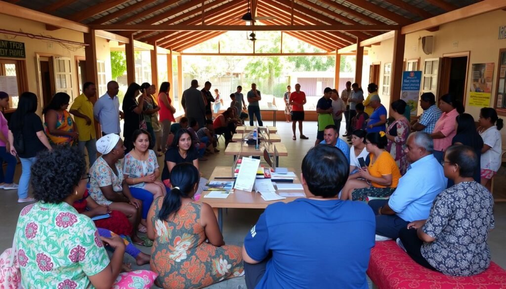 A vibrant community hub, with people of diverse backgrounds gathering around a central gathering space. In the foreground, a lively discussion group sits on colorful cushions, engaged in animated conversation. The middle ground features resource tables displaying brochures, flyers, and informational materials on community programs and services. In the background, an open-air pavilion with natural light filtering through, creating a warm and inviting atmosphere. The scene conveys a sense of inclusivity, collaboration, and a shared commitment to strengthening the neighborhood.