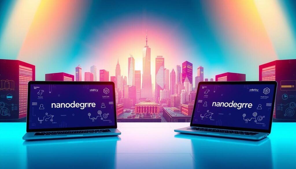A vibrant digital landscape showcasing the Udacity Nanodegree programs. In the foreground, sleek, modern laptop screens display the Nanodegree brand and course titles, surrounded by a halo of warm, soft light. The middle ground features stylized icons and symbols representing the advanced technological and scientific disciplines covered, rendered in a clean, minimalist style. In the background, a cityscape of futuristic skyscrapers and data centers emerges, bathed in a cool, electric color palette, evoking a sense of innovation and progress. The entire scene is captured with a wide-angle lens, creating a sense of depth and grandeur, conveying the comprehensive, cutting-edge nature of the Udacity Nanodegree programs.