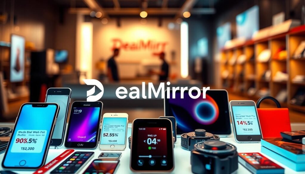 A vibrant digital shopping experience, showcasing an array of discounted tech gadgets and accessories. The foreground features a diverse collection of devices such as smartphones, tablets, and smartwatches, each with their respective price tags and discount percentages prominently displayed. The middle ground incorporates a sleek, minimalist design aesthetic, with clean lines and a neutral color palette that allows the products to take center stage. In the background, a subtly blurred and softened environment evokes a sense of modern, high-tech ambiance, hinting at the convenience and accessibility of the online shopping platform. Warm, diffused lighting casts a welcoming glow, creating a visually appealing and enticing scene that captures the essence of the "DealMirror" digital shopping experience.