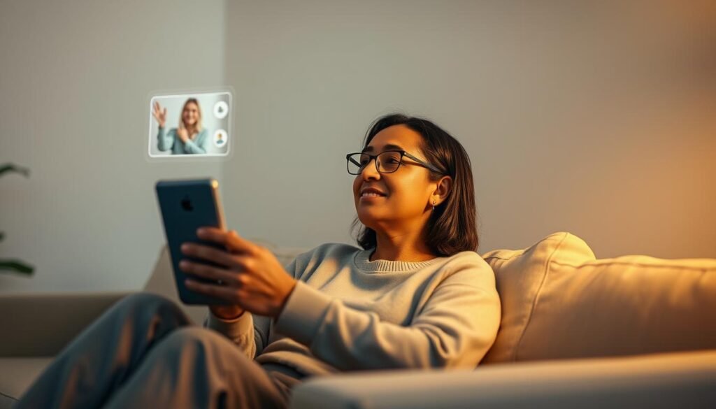 A vibrant, digital therapy session unfolds in a serene, minimalist space. A person sits comfortably on a couch, engrossed in a virtual counseling session, their expression pensive yet hopeful. Soft, directional lighting illuminates the scene, creating a warm, calming atmosphere. The background blurs softly, placing the focus on the therapeutic interaction. Subtle digital elements, such as a floating interface or holographic elements, suggest the online, technology-driven nature of the experience. The overall composition conveys a sense of privacy, introspection, and the transformative potential of digital mental health care.