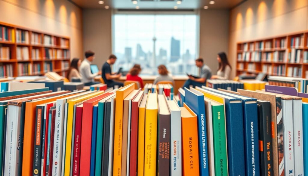 A vibrant, diverse collection of educational courses spanning a wide range of subjects, captured in a dynamic visual composition. The foreground showcases an array of colorful book spines, each representing a unique learning opportunity. In the middle ground, a group of people in various poses, engaged in study and discussion, reflects the interactive and collaborative nature of the online learning experience. The background features a softly blurred cityscape, hinting at the global reach and accessibility of these educational resources. Warm, diffused lighting creates a sense of warmth and inspiration, while a high-resolution, wide-angle lens captures the scene with clarity and depth.