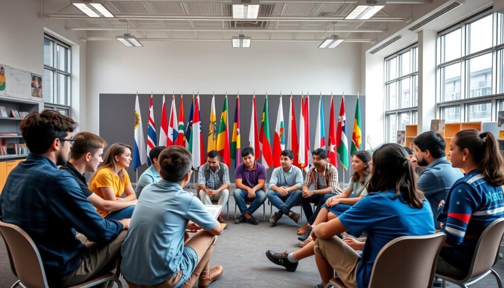 A vibrant, global landscape with diverse individuals engaged in collaborative learning. In the foreground, students of different ages and backgrounds sit in a circle, discussing ideas and exchanging perspectives. The middle ground showcases a collection of international flags, symbolizing the interconnectedness of the world. In the background, a modern, well-equipped classroom with large windows allows natural light to stream in, creating a warm and inviting atmosphere. The scene conveys a sense of unity, knowledge-sharing, and a shared commitment to understanding diverse cultures and perspectives, embodying the essence of global citizenship education.