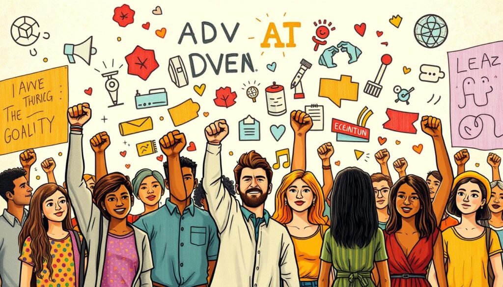 A vibrant, hand-drawn illustration depicting the key goals of an advocacy campaign. In the foreground, a group of diverse individuals stand united, raising their fists in a powerful gesture of solidarity. Their faces are expressive, conveying determination and a shared sense of purpose. In the middle ground, bold, colorful icons and symbols represent the core objectives - raising awareness, driving change, and amplifying marginalized voices. The background features a patchwork of patterns and textures, suggesting the complex, multi-faceted nature of advocacy work. Warm, natural lighting casts a hopeful glow, while a sense of dynamism and movement permeates the scene, capturing the energy and momentum of the campaign.