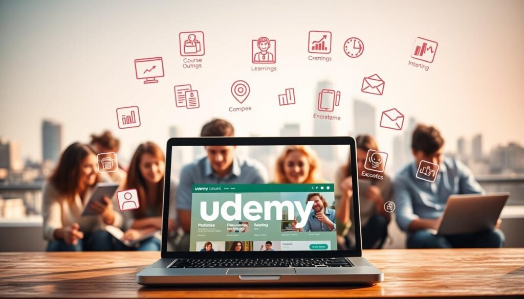 A vibrant, high-resolution image of the key features that make learning on Udemy an engaging and accessible experience. The foreground showcases a laptop displaying the Udemy platform, surrounded by floating icons representing the diverse course offerings, interactive learning tools, and personalized recommendations. The middle ground depicts a group of learners of various ages and backgrounds, each immersed in their studies, conveying the inclusive and collaborative nature of the Udemy community. The background features a soft, blurred city skyline, suggesting the real-world applications and career opportunities that Udemy courses can unlock. The overall scene is illuminated by warm, natural lighting, creating a sense of welcoming and productivity.