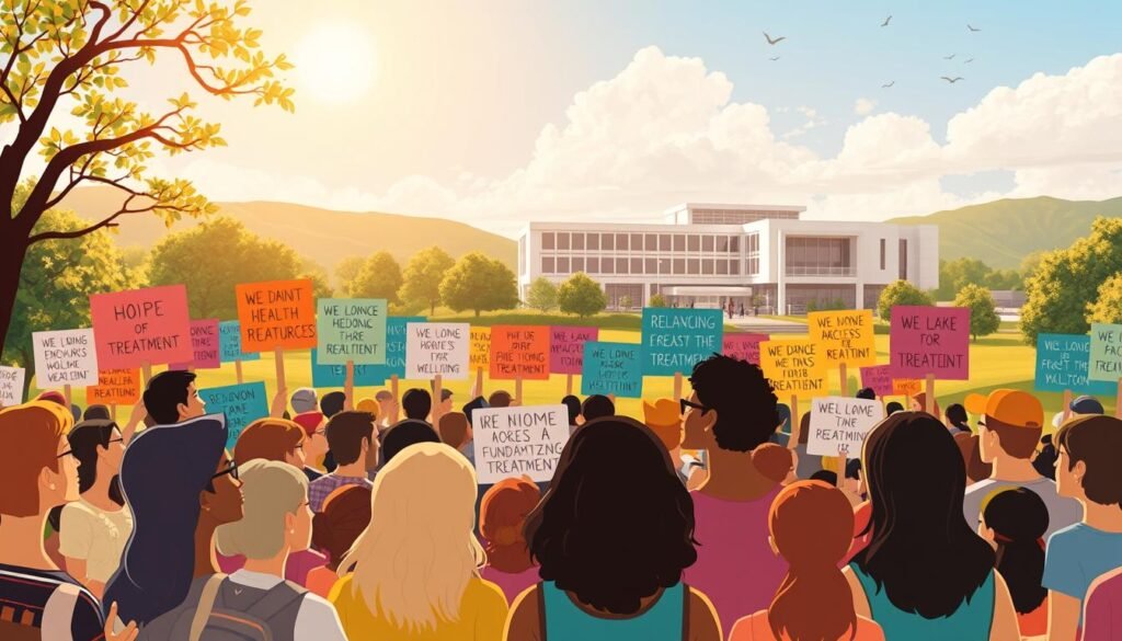 A vibrant illustration of behavioral health advocacy, set against a backdrop of a serene, sun-dappled landscape. In the foreground, a diverse group of individuals gather, their expressions resolute and determined as they raise their voices in unison, advocating for improved access to mental health resources and destigmatizing treatment. The middle ground features a kaleidoscope of colorful banners and placards, each bearing messages of hope, empowerment, and the fundamental human right to well-being. In the distance, a modern healthcare facility stands as a symbol of the progress and change being championed. The scene is bathed in warm, golden light, conveying a sense of optimism and the power of collective action to drive meaningful social change.