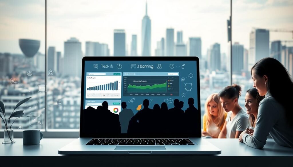 A vibrant, modern data science learning platform set against a sleek, minimalist backdrop. The foreground features a stylized laptop screen displaying an interactive data visualization dashboard, surrounded by various data science icons and symbols. The middle ground showcases a group of diverse learners intently engaged with the platform, their faces illuminated by the soft, natural lighting. In the background, a cityscape of skyscrapers and tech hubs creates a sense of an urban, innovative environment. The overall atmosphere exudes a professional, yet approachable and collaborative spirit, reflective of the DataCamp learning experience.