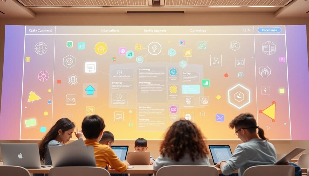 A vibrant, modern digital learning platform with a clean, minimalist interface. In the foreground, a group of students collaborating on laptops, surrounded by colorful geometric shapes and icons representing various educational tools and resources. The middle ground features a large, dynamic central display showcasing informative content, while the background is filled with a subtle gradient of warm, calming tones. Bright, natural lighting illuminates the scene, creating a sense of openness and productivity. The overall composition conveys a sense of innovation, interactivity, and the seamless integration of technology in the educational experience.