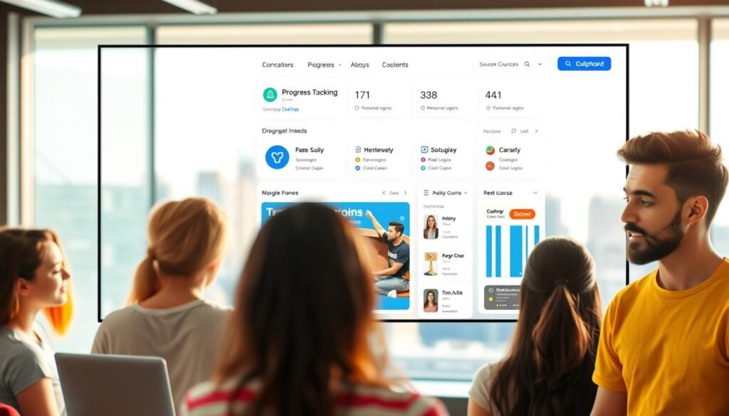 A vibrant, modern online English learning platform, Campli features a sleek, intuitive interface showcasing high-quality educational content. In the foreground, a group of diverse learners are actively engaged in interactive lessons, their faces illuminated by the soft, natural lighting of the digital environment. The middle ground presents a streamlined dashboard displaying progress tracking tools and personalized course recommendations. In the background, a blurred cityscape symbolizes the global accessibility and versatility of the Campli platform, empowering students worldwide to unlock their English language potential.