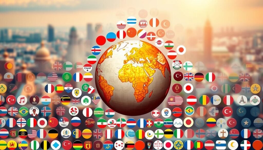 A vibrant, multilingual mosaic showcasing the diverse language options available on italki. A central globe, rendered in warm, earthy tones, is surrounded by individual icons representing the multitude of languages taught on the platform. The icons are arranged in a dynamic, overlapping composition, conveying the idea of interconnectedness and global accessibility. The background features a soft, blurred cityscape, evoking a sense of an international, cosmopolitan atmosphere. Warm, directional lighting from the top-left casts subtle shadows, adding depth and dimension to the scene. The overall aesthetic is clean, modern, and visually striking, reflecting the professional and trustworthy nature of the italki language learning service.