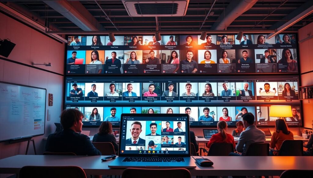 A vibrant online English lesson platform, illuminated by warm, diffused lighting and captured through a wide-angle lens. In the foreground, a modern virtual classroom setting with a whiteboard and laptop displays a live video call. The middle ground features a hub of interactive study materials, language exercises, and student profiles. The background showcases a diverse array of learners, from young professionals to retirees, engaged in self-paced lessons and collaborative group discussions, all against a backdrop of a sleek, intuitive user interface.