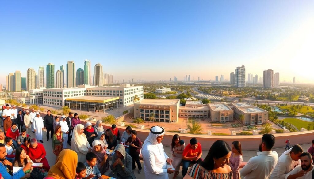 A vibrant panorama showcasing the UAE's social impact achievements. In the foreground, a bustling community center with people of diverse backgrounds engaging in educational and entrepreneurial activities. The middle ground features a modern hospital and a newly constructed affordable housing complex, symbols of the nation's commitment to healthcare and inclusive development. In the background, a stunning skyline of gleaming skyscrapers and green parks, capturing the UAE's progress and environmental stewardship. Warm, golden lighting casts a sense of optimism and prosperity, while a wide-angle lens captures the scope and scale of these transformative initiatives. This visually captivating scene embodies the UAE's unwavering dedication to empowering its people and creating a more equitable, sustainable future.