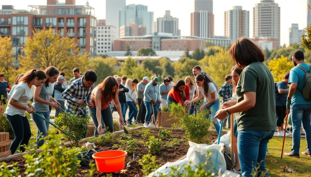 A vibrant scene of civic engagement and community spirit. In the foreground, a diverse group of people engaged in volunteering activities - cleaning up a public park, building a community garden, or painting a mural. Midground features residents of all ages interacting and collaborating, a sense of unity and purpose. The background depicts the cityscape, with modern architecture and green spaces, conveying a thriving, livable urban environment. Warm, diffuse lighting creates a welcoming atmosphere, as if capturing a sunny afternoon. The composition emphasizes the collective effort and shared responsibility of maintaining a healthy, vibrant community.