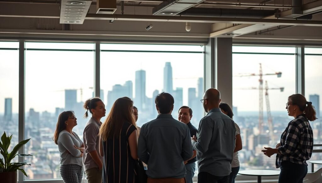 A vibrant scene of local organizations collaborating, set against a backdrop of a bustling city skyline. In the foreground, representatives from various community groups - a nonprofit advocating for youth development, a small business alliance, and a neighborhood association - are engaged in a lively discussion, gesturing animatedly as they explore partnership opportunities. The middle ground features a modern, open-concept co-working space, its large windows allowing natural light to flood the area and create a sense of openness and collaboration. In the background, the silhouettes of skyscrapers and cranes punctuate the horizon, hinting at the dynamic urban environment that provides the setting for this gathering of community-minded organizations.