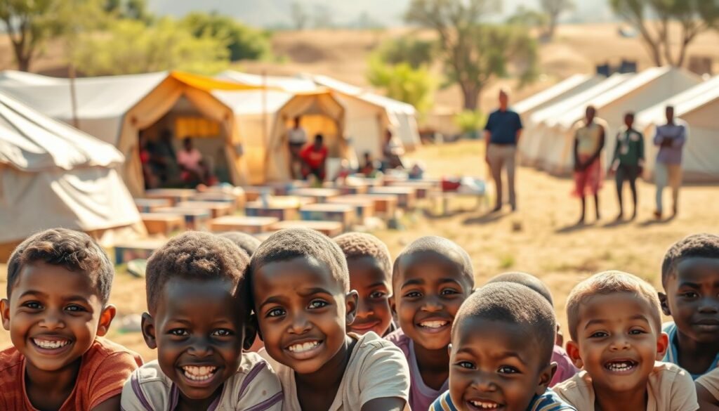 A vibrant scene of orphan sponsorship projects unfolding in a warm, sun-dappled setting. In the foreground, a group of smiling children engage in educational activities, their faces alight with enthusiasm. Behind them, rows of tidy tents and temporary structures house the essential facilities supporting the initiative. In the middle ground, volunteers and staff members oversee the operations, their expressions conveying a sense of purpose and dedication. In the distant background, the silhouettes of charitable donors and community leaders observe the scene, their presence a testament to the collaborative spirit that drives these transformative efforts. The image is imbued with a hopeful, uplifting atmosphere, capturing the essence of how such initiatives can uplift and empower vulnerable communities.