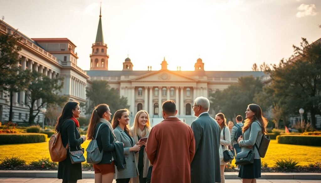 A vibrant university campus setting with majestic, iconic architecture in the background. In the foreground, a group of students and professors in academic attire are engaged in animated discussion, symbolizing the collaborative partnerships between the institution and leading global universities. The scene is bathed in warm, golden lighting, conveying a sense of intellectual vitality and international academic cooperation. The composition emphasizes the collaborative nature of these partnerships, with the figures interacting and the architectural elements framing the central focal point. The overall mood is one of academic prestige, intellectual dynamism, and global connectivity.