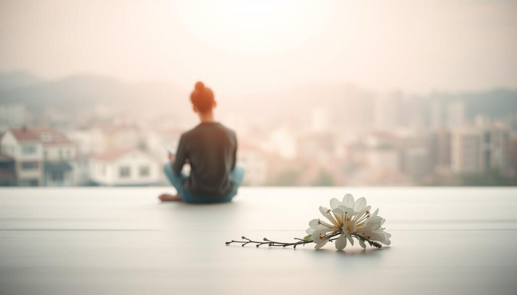 A visualization of the progress in language learning, captured through a serene and contemplative scene. In the foreground, a person sits cross-legged, deeply engaged in studying materials, representing the dedicated effort required. The middle ground features a delicate floral arrangement, symbolizing the steady growth and nurturing of language skills. In the background, a soft, blurred cityscape recedes, signifying the broader context and opportunities that come with mastering a new language. The lighting is warm and diffused, creating a sense of tranquility and focus. The overall composition conveys the introspective nature of the language learning journey, with a sense of progress and personal development.