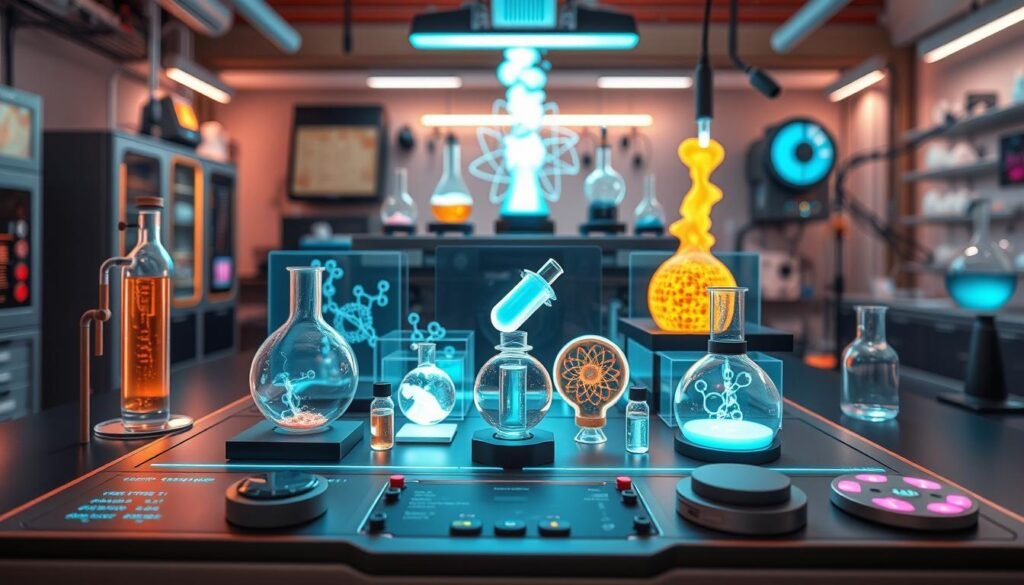 A visually engaging interactive application showcasing a variety of captivating scientific experiments. In the foreground, a modern and intuitive user interface with clear controls and 3D models of experimental apparatus. The middle ground features an array of animated demonstrations, each illustrating a key scientific principle through dynamic, true-to-life simulations. The background evokes a sense of a cutting-edge laboratory, with sleek equipment, vibrant color schemes, and subtle lighting effects that create an immersive, high-tech atmosphere. The overall composition conveys a seamless blend of education and entertainment, inviting the user to explore the wonders of science through an interactive, visually striking digital experience.