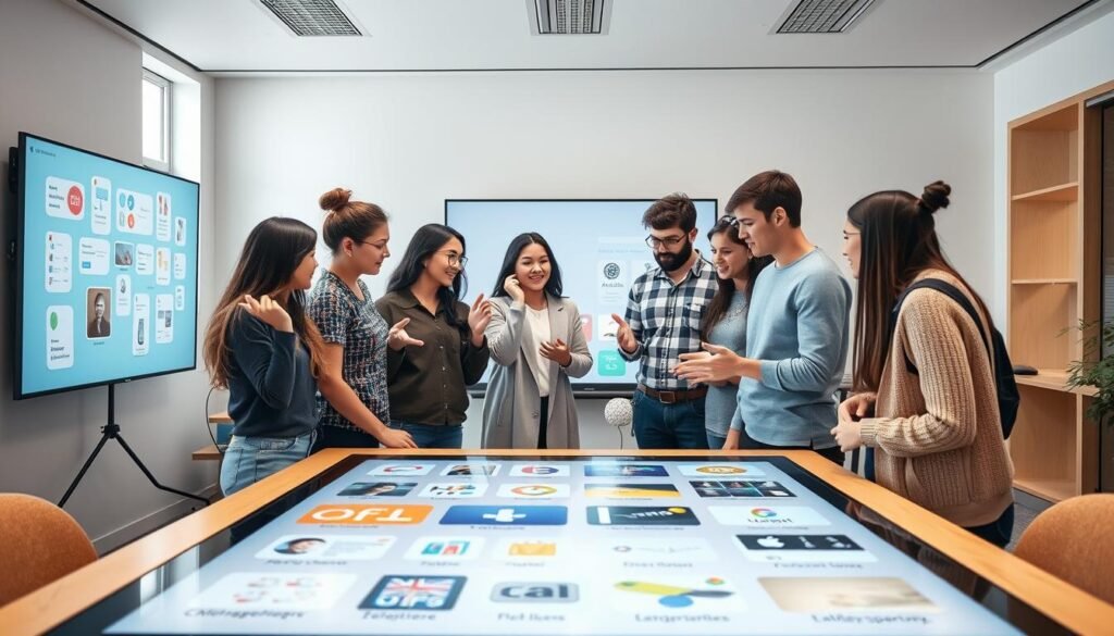 A visually engaging interactive language learning experience. In the foreground, a diverse group of students gathered around a large touchscreen display, gesturing and collaborating. The middle ground features various language learning tools and resources, such as flashcards, language apps, and educational videos. The background showcases a modern, minimalist classroom setting with clean lines, natural lighting, and a sense of openness. The overall atmosphere conveys a welcoming, technology-driven, and immersive language learning environment. The lighting is soft and diffused, creating a warm and inviting ambiance. The camera angle is slightly elevated, providing a clear view of the interactive setup and the engaged students.