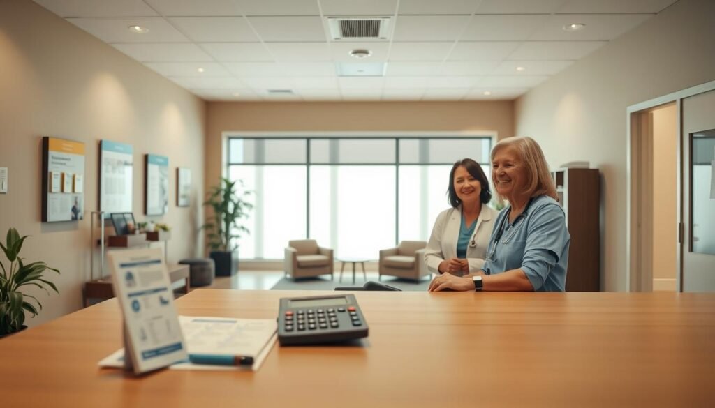 A warm, welcoming medical office interior with a patient consultation desk in the foreground. The desk is adorned with informational brochures and a calculator, signifying financial assistance. Behind the desk, a nurse or financial counselor warmly engages with a patient, guiding them through the process. The middle ground features comfortable seating areas and informative wall displays. Soft, natural lighting filters in through large windows, creating a calm, reassuring atmosphere. The background showcases a modern, professional medical facility with tasteful decor, conveying a sense of trust and care for the patient's wellbeing.