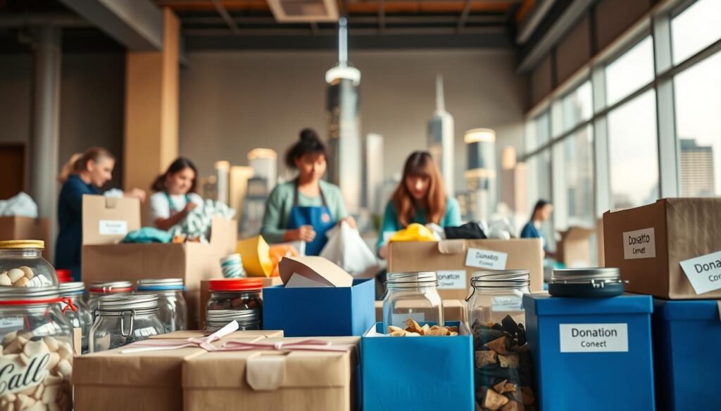 A warm, well-lit scene depicting various donation options for charity projects. In the foreground, an assortment of donation boxes and jars in different shapes and colors, each with a clear label indicating the type of contribution accepted, such as cash, food, or clothing. In the middle ground, a group of volunteers sorting and organizing the collected donations, their expressions reflecting a sense of purpose and dedication. In the background, a backdrop of a modern, vibrant city skyline, symbolizing the reach and impact of the charitable organization. The overall composition conveys a sense of community, generosity, and the meaningful ways individuals can support important causes. A warm, well-lit scene depicting various donation options for charity projects. In the foreground, an assortment of donation boxes and jars in different shapes and colors, each with a clear label indicating the type of contribution accepted, such as cash, food, or clothing. In the middle ground, a group of volunteers sorting and organizing the collected donations, their expressions reflecting a sense of purpose and dedication. In the background, a backdrop of a modern, vibrant city skyline, symbolizing the reach and impact of the charitable organization. The overall composition conveys a sense of community, generosity, and the meaningful ways individuals can support important causes.