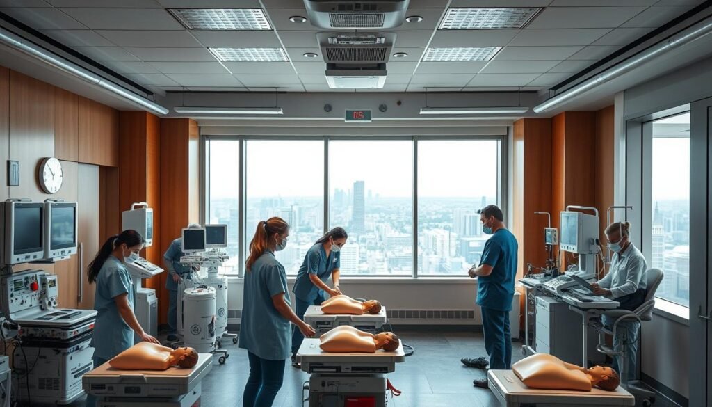 A well-equipped cardiac training facility with state-of-the-art medical equipment. In the foreground, a group of healthcare professionals engage in hands-on training, practicing CPR techniques on realistic medical mannequins. The middle ground features an array of cardiac monitoring devices, defibrillators, and other life-saving tools, all bathed in the warm, gentle lighting of the modern, well-appointed training room. In the background, large windows offer a panoramic view of a bustling urban skyline, symbolizing the broader context in which these vital medical skills will be applied. The overall atmosphere conveys a sense of dedication, professionalism, and the unwavering commitment to advancing cardiac care.