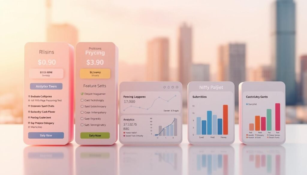 A well-lit, 3D rendered diagram showcasing the pricing strategies and cost breakdown of Nifty project management software. The foreground displays a clear, color-coded visual of the various pricing tiers, feature sets, and subscription models. The middle ground depicts detailed analytics charts and graphs illustrating the cost-benefit analysis of Nifty's project management solutions. The background features a soft, blurred cityscape to convey a sense of the professional business context. The overall mood is informative, data-driven, and visually appealing to complement the "Nifty project management pricing" section of the article.