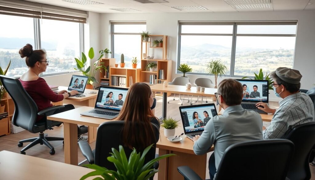 A well-lit and cozy online classroom setting. In the foreground, three diverse native English speakers sitting at their desks, engaged in animated discussions with adult students on their laptop screens. The middle ground features ergonomic chairs, bookshelves, and decorative plants, creating a professional yet welcoming atmosphere. The background showcases a tranquil landscape with natural lighting filtering through large windows, conveying a sense of serenity and focus. The overall scene radiates an air of expertise, personalized attention, and a commitment to providing high-quality online English lessons.