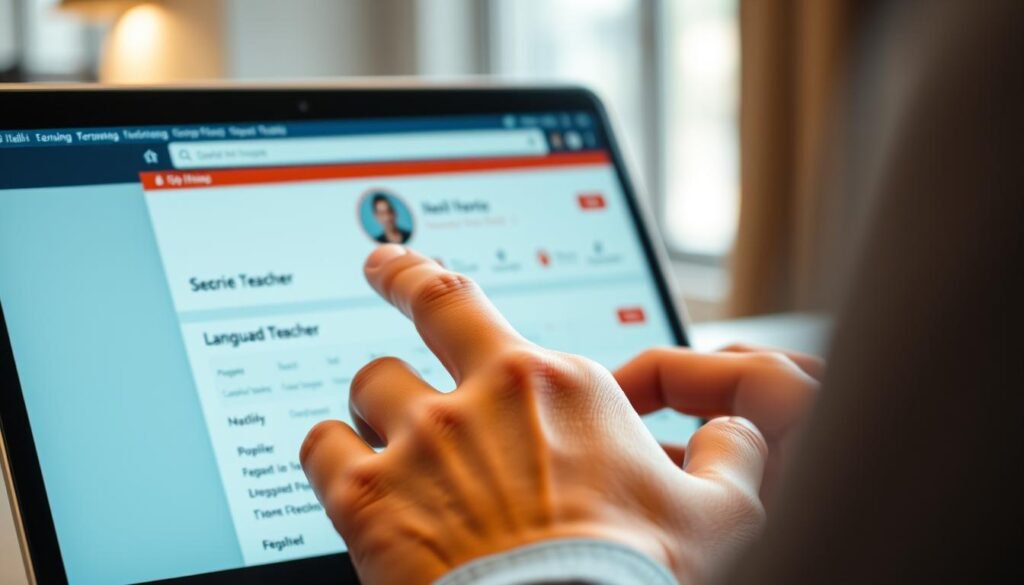 A well-lit, close-up shot of a person's hand using a laptop or mobile device to search for and find a teacher profile on the italki language learning platform. The image should have a clean, professional aesthetic with a soft, warm lighting that highlights the user interface and creates a sense of focus and attention. The background should be blurred and unobtrusive, allowing the user's hand and the italki interface to be the central focus of the composition. The overall mood should convey a sense of ease, discovery, and personalized language learning.