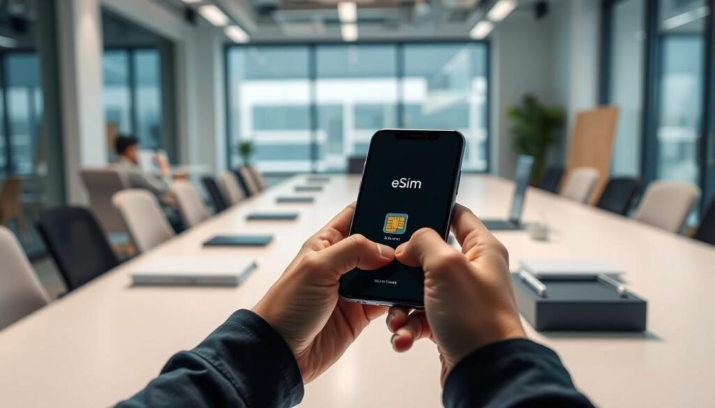 A well-lit, contemporary office scene featuring a person's hands setting up an eSIM card on a sleek, minimal smartphone. The foreground showcases the smartphone and hands in focus, with a blurred background of a clean, organized desk space and a large window letting in natural light. The overall mood is one of simplicity, efficiency, and technological ease. The scene conveys the effortless process of eSIM setup, aligning with the section title "إعداد Saily بسهولة".