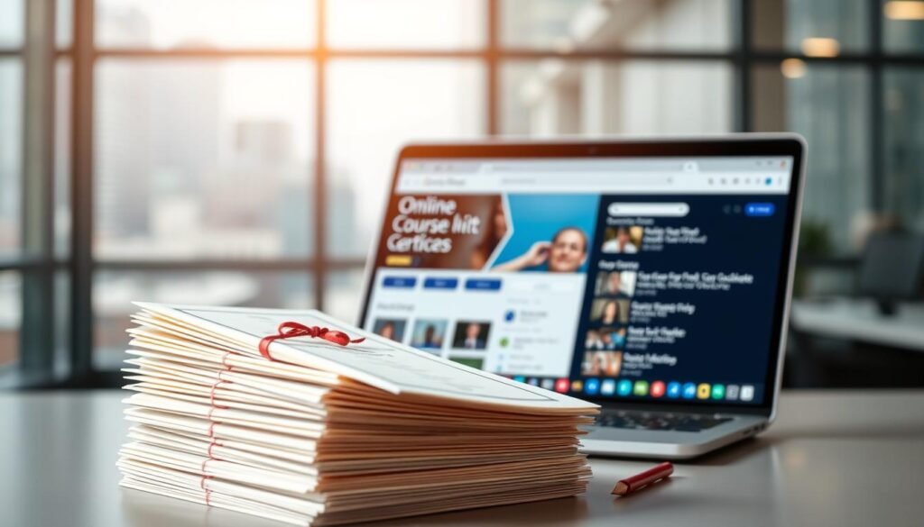 A well-lit, high-resolution image showcasing the benefits of online courses with certificates. In the foreground, a stack of certificates and diplomas, representing the achievement and recognition earned through completing online courses. In the middle ground, a laptop or tablet displaying an online course interface, with a clean, modern UI and various course topics. In the background, a soft, blurred cityscape or office environment, conveying the flexibility and convenience of learning remotely. The overall composition should have a professional, aspirational tone, highlighting the value and advantages of online education and certification.