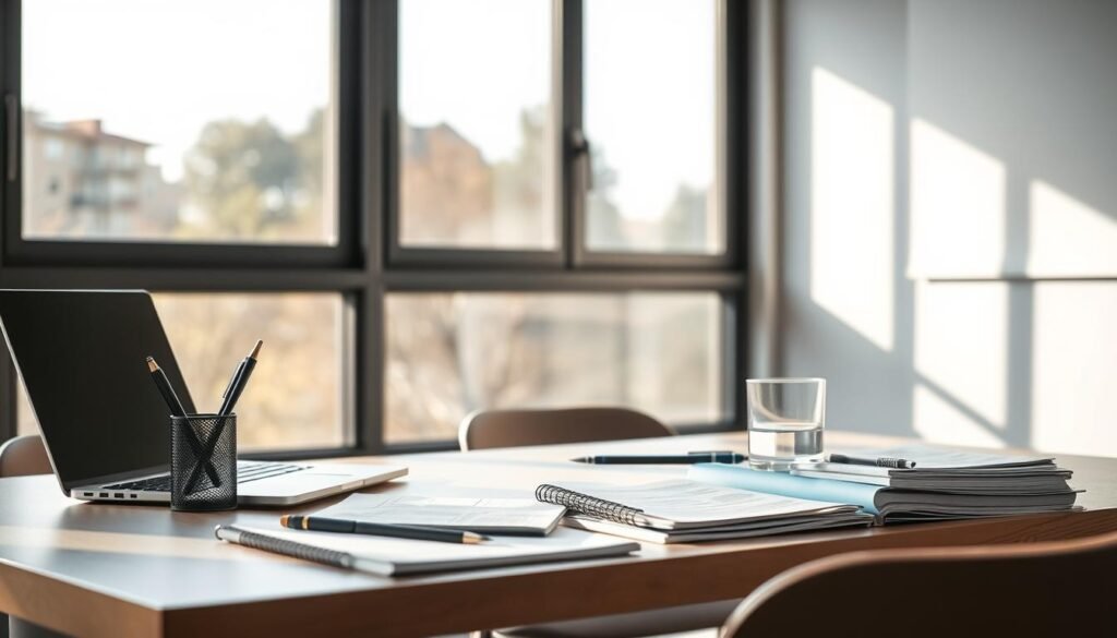 A well-lit, high-resolution photograph of a professional English teacher's desk in a modern, minimalist classroom. On the desk, there are neatly organized teaching materials, including a laptop, a stack of lesson plan notebooks, a pen holder, and a glass of water. The background features a large window overlooking a tranquil outdoor scene, bathing the room in soft, natural light. The overall atmosphere is one of focus, expertise, and a commitment to providing an exceptional educational experience.