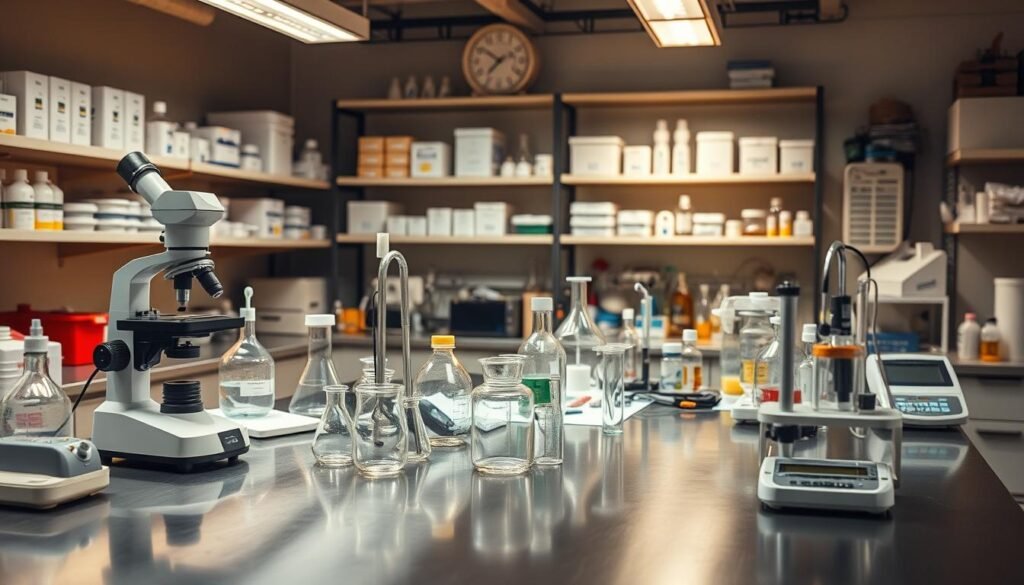 A well-lit laboratory workspace filled with an array of scientific instruments and materials. In the foreground, a high-quality microscope, beakers, and pipettes sit neatly arranged on a sleek, stainless steel counter. In the middle ground, various analytical tools such as a pH meter, electronic scales, and a Bunsen burner create a sense of professionalism. The background showcases shelves stocked with neatly labeled chemicals, samples, and other scientific paraphernalia, conveying a sense of order and organization. Warm, directional lighting illuminates the scene, casting subtle shadows and highlights that accentuate the quality and precision of the equipment. The overall atmosphere is one of a meticulously maintained, high-tech laboratory dedicated to rigorous scientific experimentation.