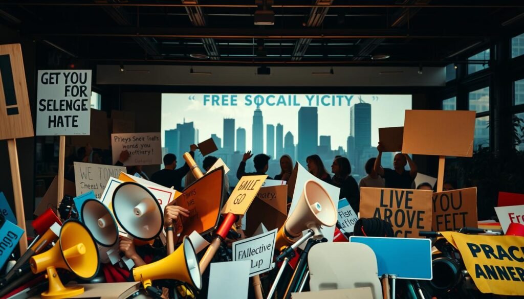 A well-lit scene depicting an array of advocacy tools and strategies. In the foreground, a collection of placards, megaphones, and protest signs arranged artfully. In the middle ground, a group of people engaged in lively discussion, gesturing passionately. In the background, a backdrop of cityscape silhouettes, suggesting a bustling urban setting primed for social change. The overall mood is one of determination and collective empowerment, with a sense of dynamic movement and energy. Warm, natural lighting casts a hopeful glow over the scene, capturing the spirit of grassroots activism.