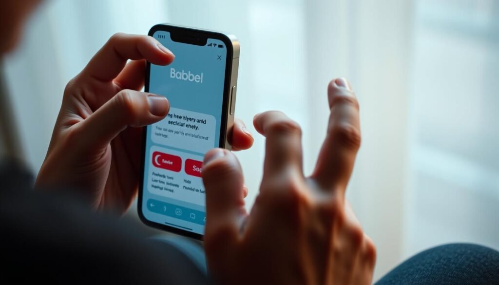 A well-lit, slightly angled view of a person's hands interacting with a smartphone displaying the Babbel language learning app. The user's expression is one of focused engagement, with a serene, contemplative atmosphere conveyed through soft, natural lighting and muted colors. The background is blurred, drawing the viewer's attention to the app interface and the user's interaction with it. The scene captures the intuitive, immersive experience of using Babbel to learn a new language, with a sense of personal connection and accomplishment.